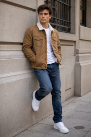 Men Brown Sherpa Jacket - Image 3